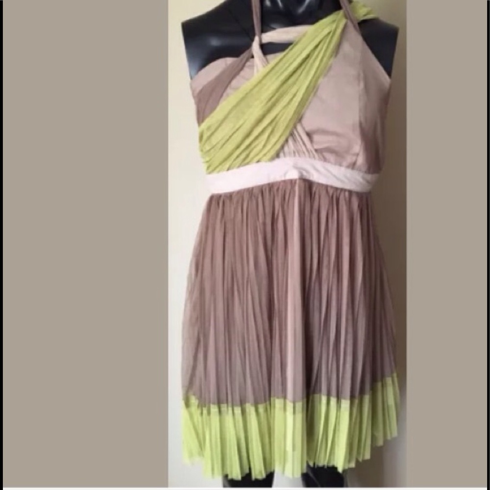 Ryu Asymmetrical Halter Dress in Taupe, Lime and Cream